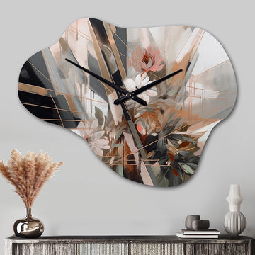 Rose Gold Linear Floral Elegance V - Asymmetric Metal Wall Clock